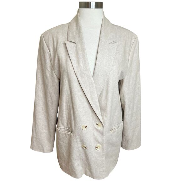 Old Navy Blazer Womens Medium Beige Linen Blend Double Breasted Oversized - Picture 1 of 12